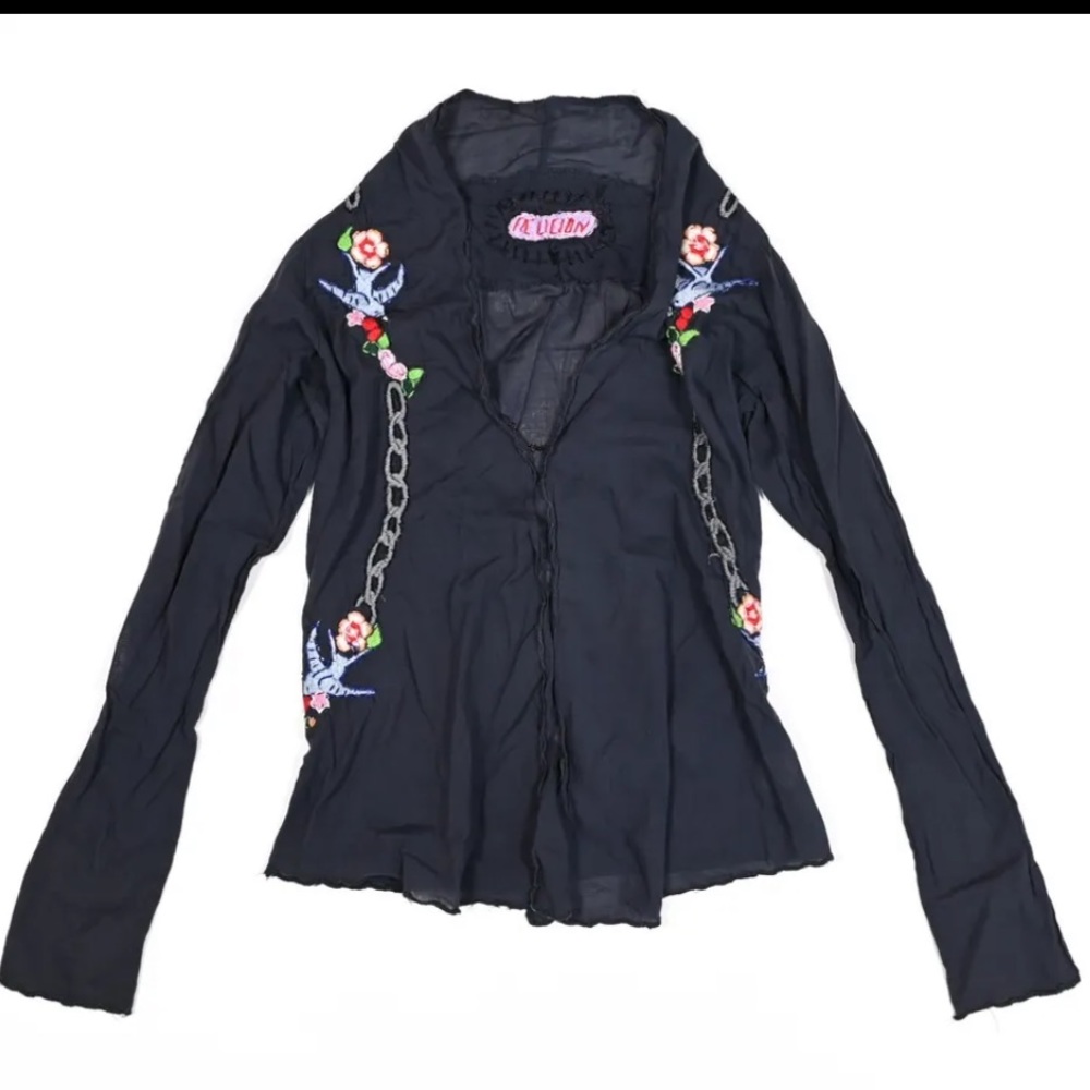 Hand Embroidered Bird Floral Blue Gauze Long Sleeve Bohemian Shirt Top S Small